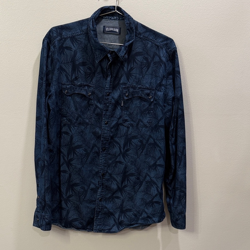 Vilebrequin Navy Palm Leaf Casual Button Down Snap Closure Shirt Suze XL